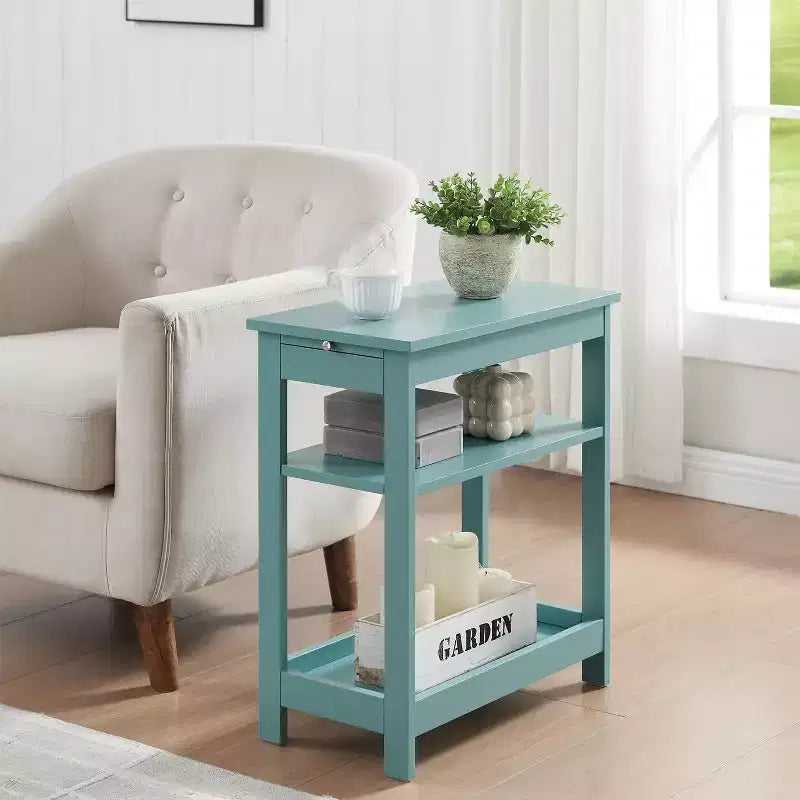 Slim Wood Side End Table with Storage Shelves & Pull-Out Tray, Nightstand for Bedroom & Living Room