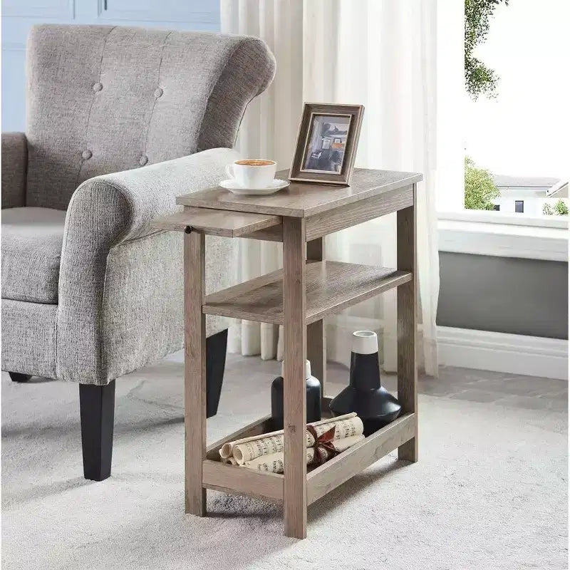 Slim Wood Side End Table with Storage Shelves & Pull-Out Tray, Nightstand for Bedroom & Living Room