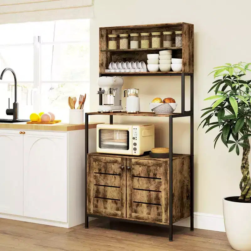 Baker's Rack with Power Outlet, Coffee Bar Cabinet with Storage Shelves, Microwave Stand with Louvred Door Cabinets, Rustic Brown