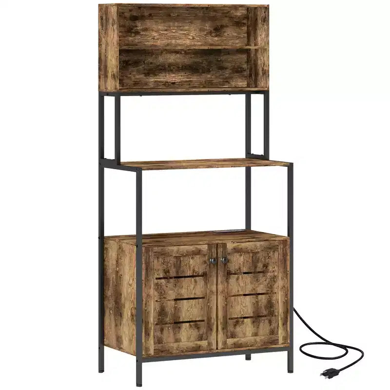 Baker's Rack with Power Outlet, Coffee Bar Cabinet with Storage Shelves, Microwave Stand with Louvred Door Cabinets, Rustic Brown