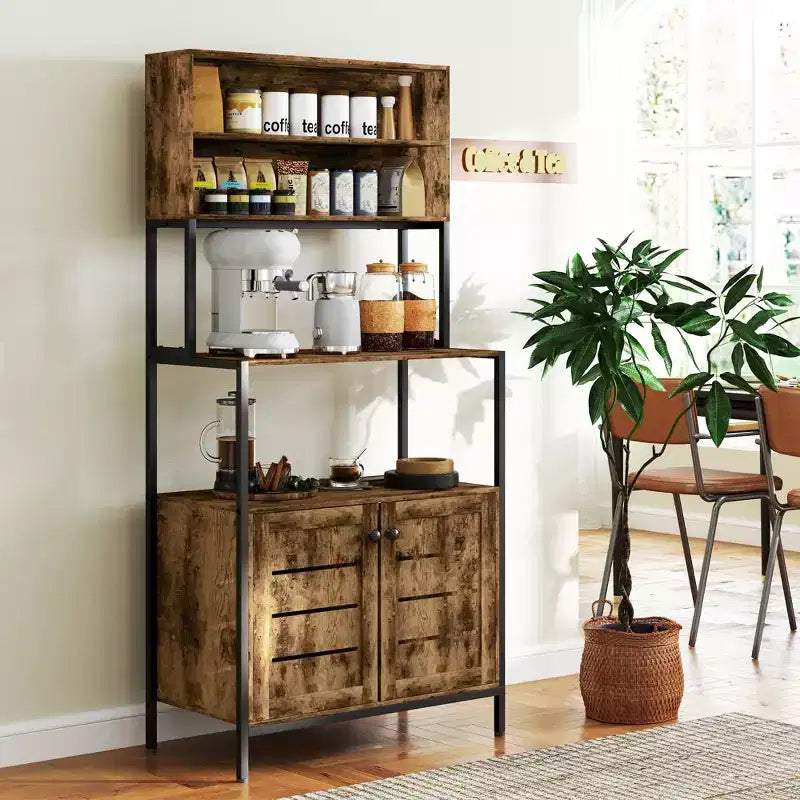 Baker's Rack with Power Outlet, Coffee Bar Cabinet with Storage Shelves, Microwave Stand with Louvred Door Cabinets, Rustic Brown