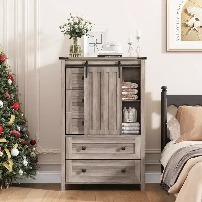 Dresser for Bedroom with 5 Drawers, 48" White Tall Chest of Drawers, Wooden Closet for Living Room, Hallway, Entryway