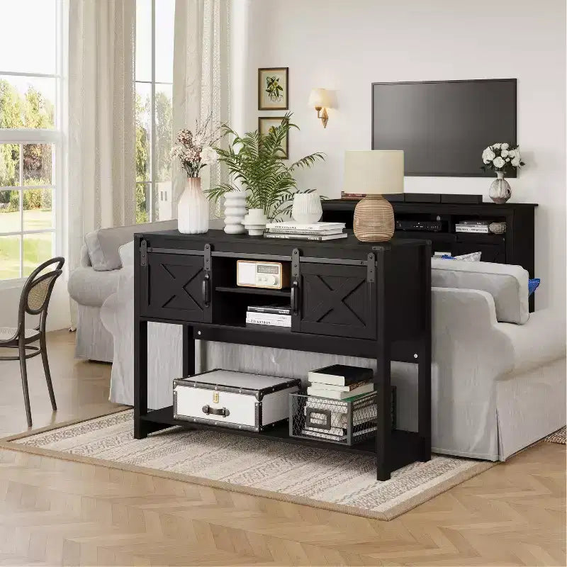 Fireplace TV Stand for 65"+ TV, Entertainment Center with 23" Electric Fireplace, Remote & Sliding Barn Door for Living Room