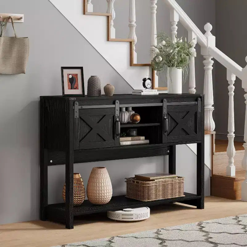 Fireplace TV Stand for 65"+ TV, Entertainment Center with 23" Electric Fireplace, Remote & Sliding Barn Door for Living Room