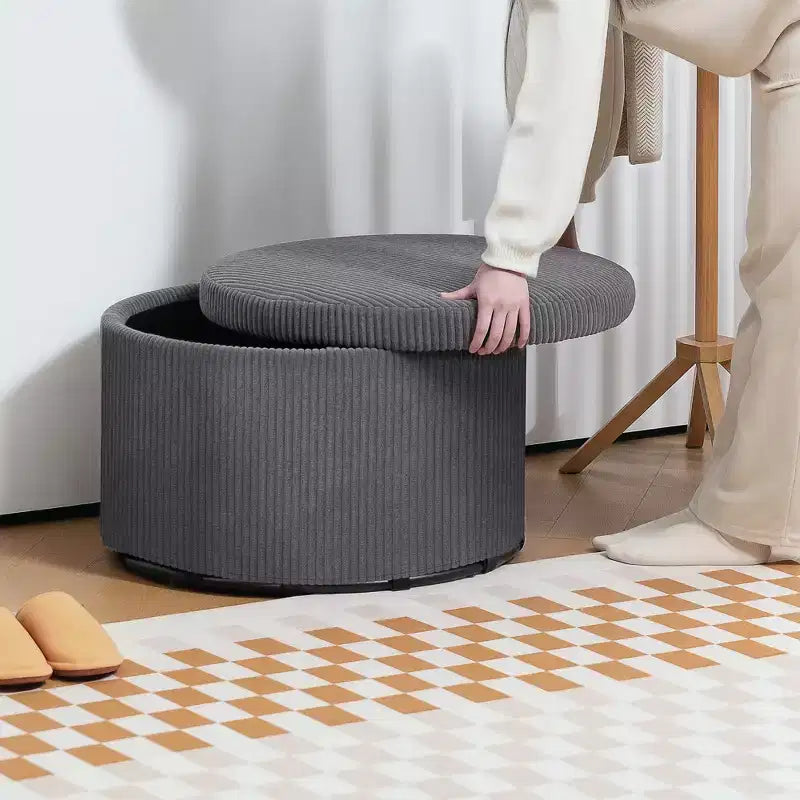 Round Storage Ottoman with Lid, 24" Corduroy Upholstered Pouf for Living Room & Bedroom