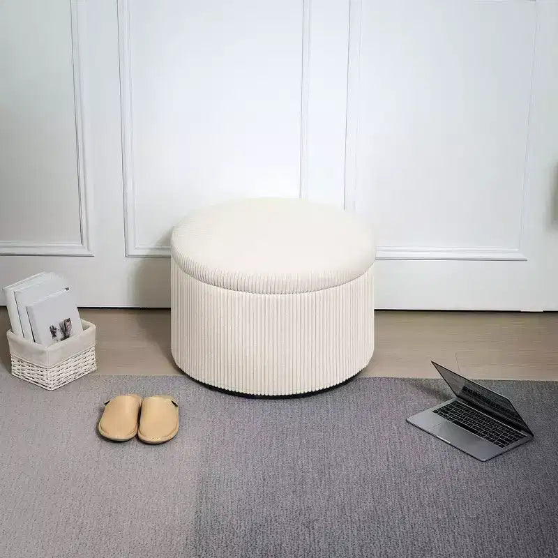 Round Storage Ottoman with Lid, 24" Corduroy Upholstered Pouf for Living Room & Bedroom