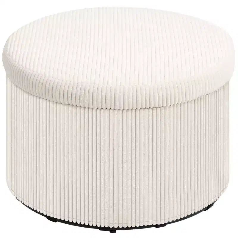 Round Storage Ottoman with Lid, 24" Corduroy Upholstered Pouf for Living Room & Bedroom