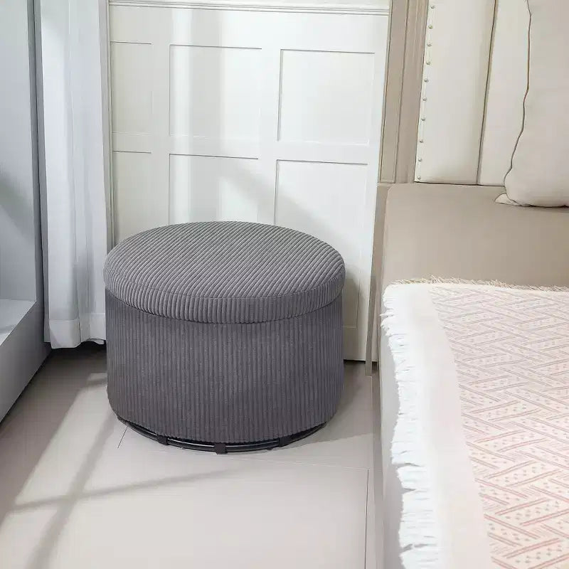 Round Storage Ottoman with Lid, 24" Corduroy Upholstered Pouf for Living Room & Bedroom
