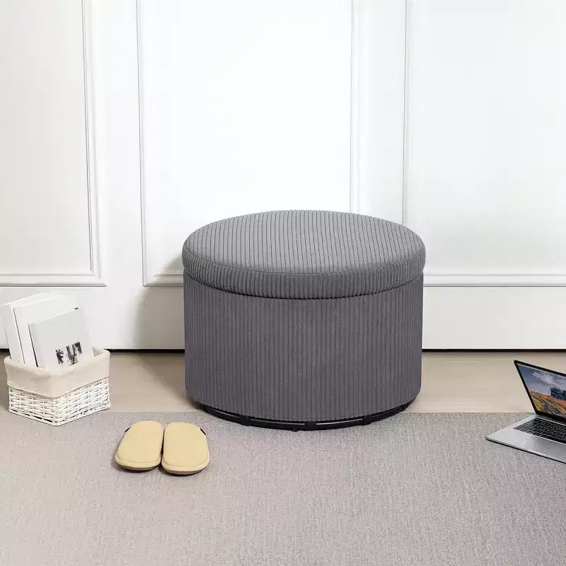 Round Storage Ottoman with Lid, 24" Corduroy Upholstered Pouf for Living Room & Bedroom