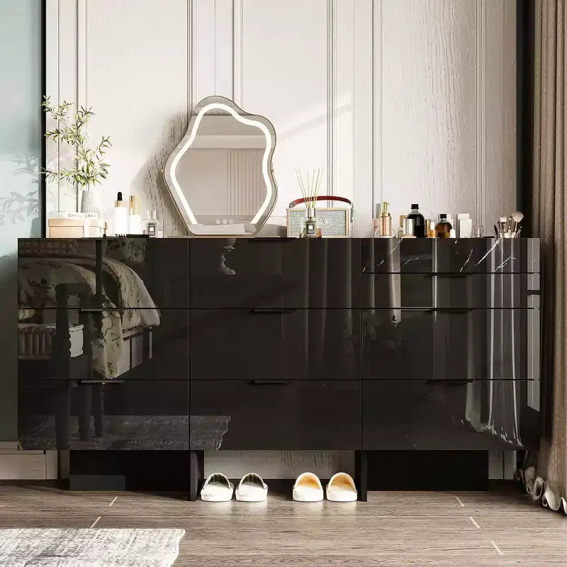 Gloss Dresser with Marble Accents, 6-Drawer Storage Cabinet for Bedroom, Living Room & Kitchen