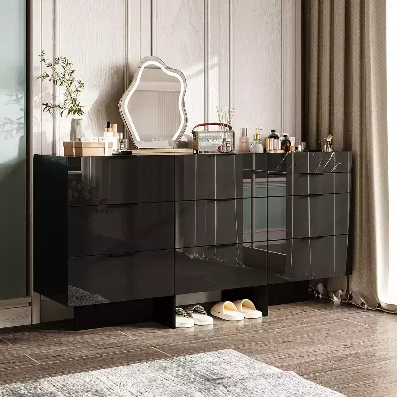 Gloss Dresser with Marble Accents, 6-Drawer Storage Cabinet for Bedroom, Living Room & Kitchen