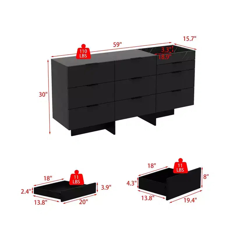 Gloss Dresser with Marble Accents, 6-Drawer Storage Cabinet for Bedroom, Living Room & Kitchen
