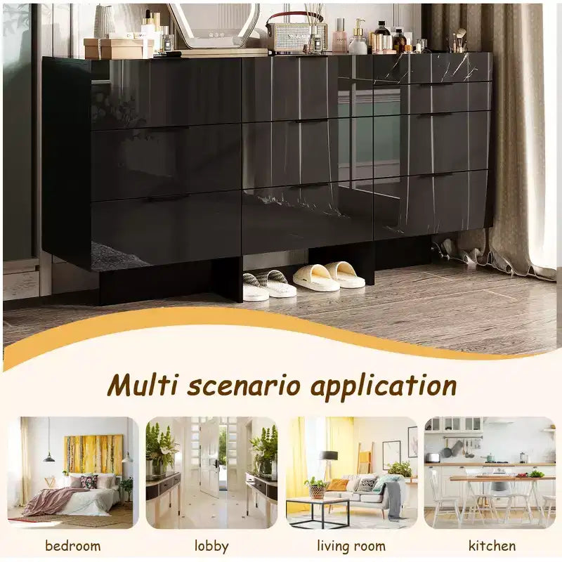 Gloss Dresser with Marble Accents, 6-Drawer Storage Cabinet for Bedroom, Living Room & Kitchen