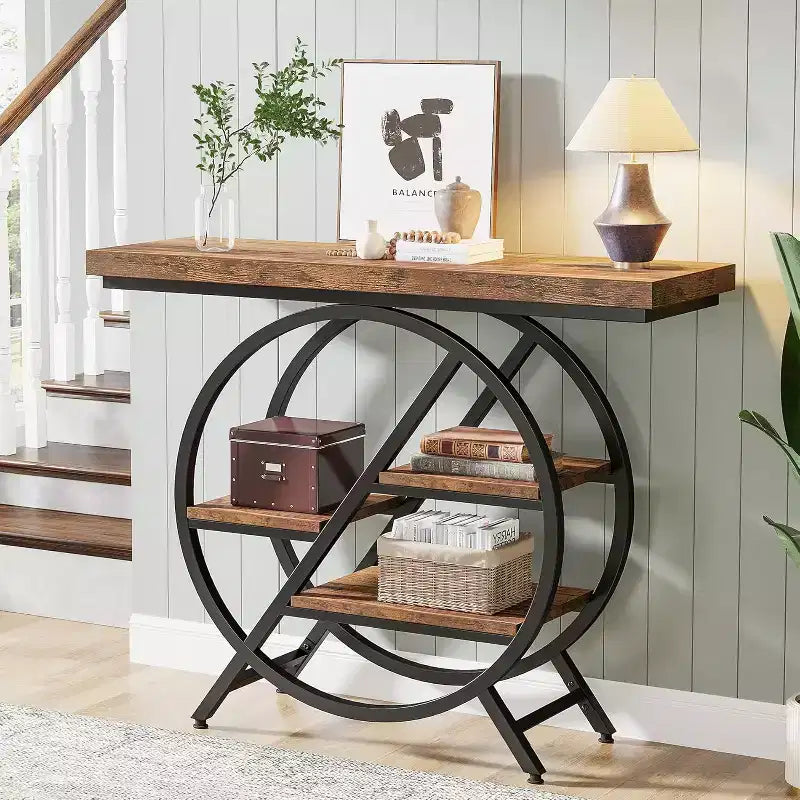 4-Tier Console Table, 39.37" Entryway Table with Storage Shelves, Sofa Table with Geometric Metal Frame