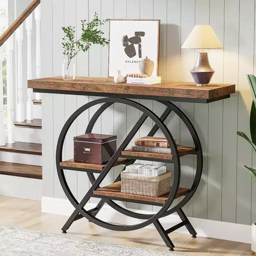 4-Tier Console Table, 39.37" Entryway Table with Storage Shelves, Sofa Table with Geometric Metal Frame