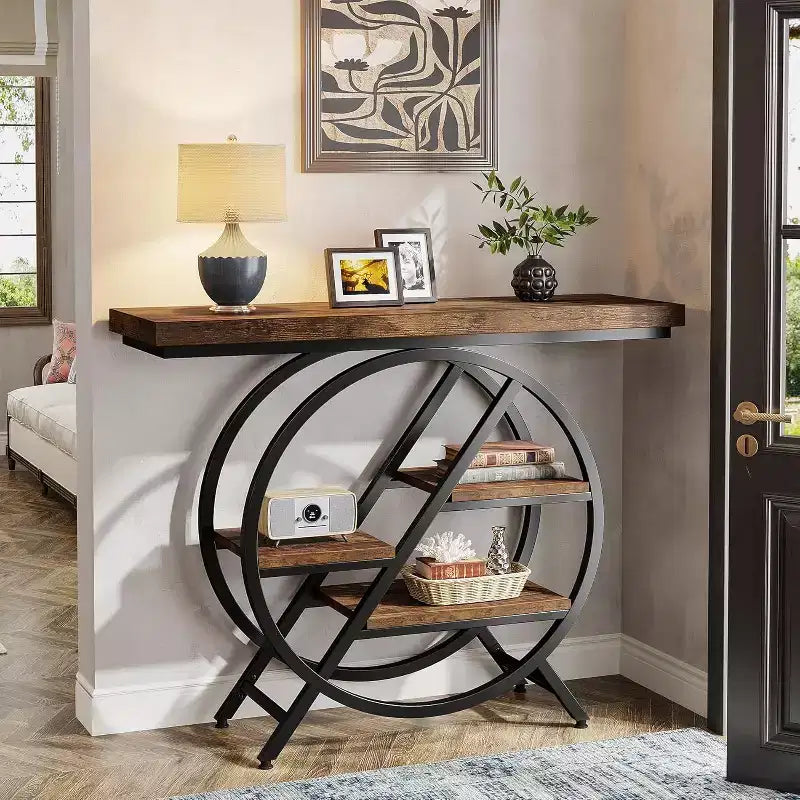 4-Tier Console Table, 39.37" Entryway Table with Storage Shelves, Sofa Table with Geometric Metal Frame