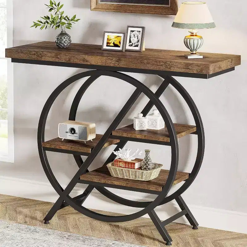 4-Tier Console Table, 39.37" Entryway Table with Storage Shelves, Sofa Table with Geometric Metal Frame