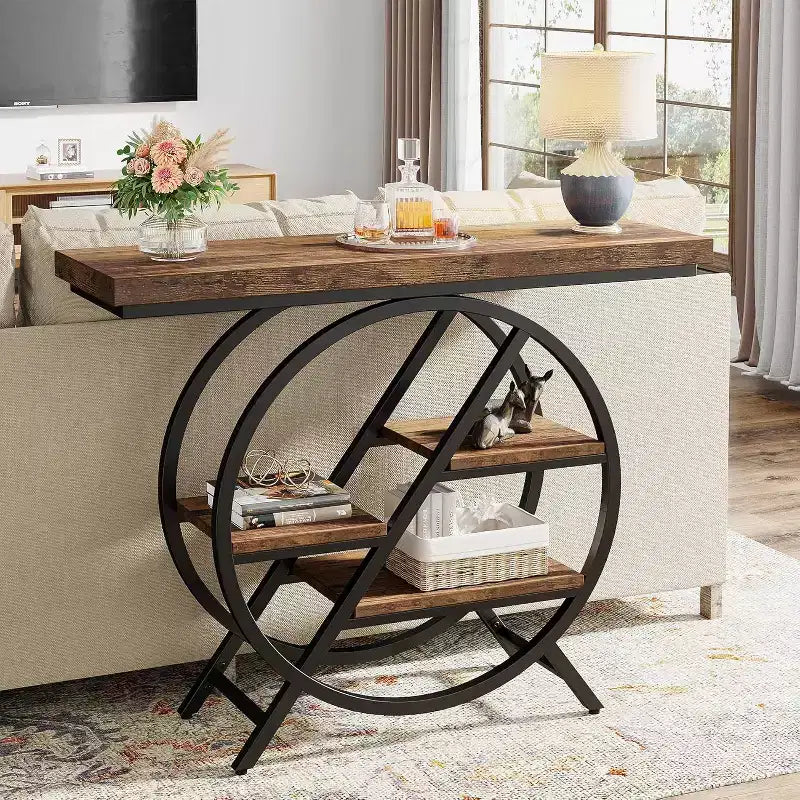 4-Tier Console Table, 39.37" Entryway Table with Storage Shelves, Sofa Table with Geometric Metal Frame