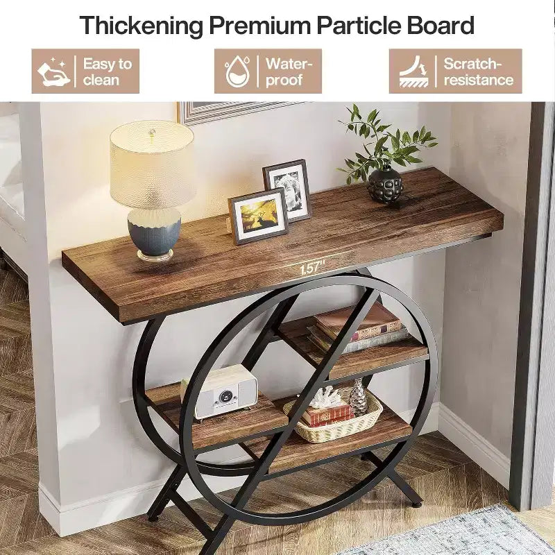 4-Tier Console Table, 39.37" Entryway Table with Storage Shelves, Sofa Table with Geometric Metal Frame