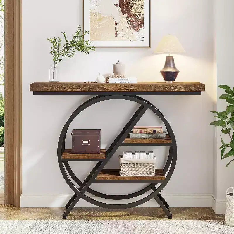 4-Tier Console Table, 39.37" Entryway Table with Storage Shelves, Sofa Table with Geometric Metal Frame