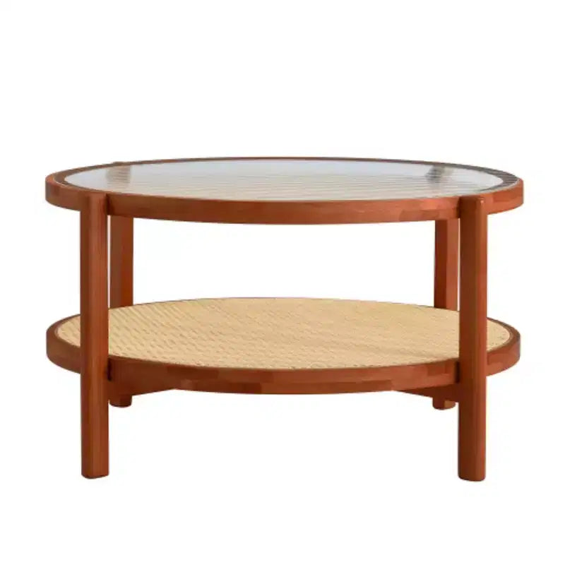 Round Double-Layer Solid Wood Coffee Table, Glass Top & PE Rattan Lower Shelf