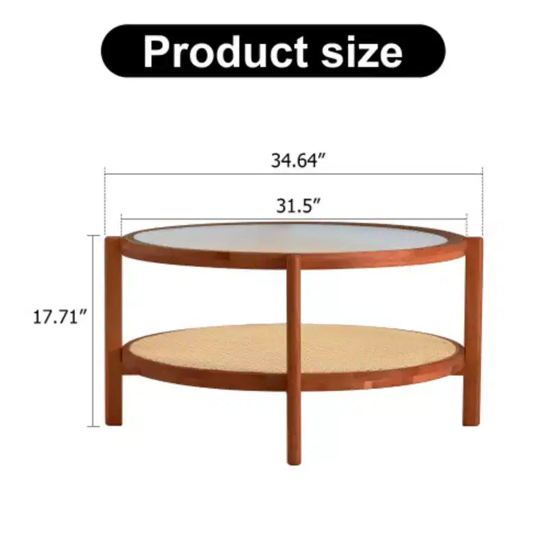 Round Double-Layer Solid Wood Coffee Table, Glass Top & PE Rattan Lower Shelf