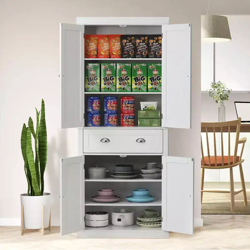 72" Kitchen Pantry Storage Cabinet, Freestanding Utility Cabinet with Doors, Drawer and 3 Adjustable Shelves, White