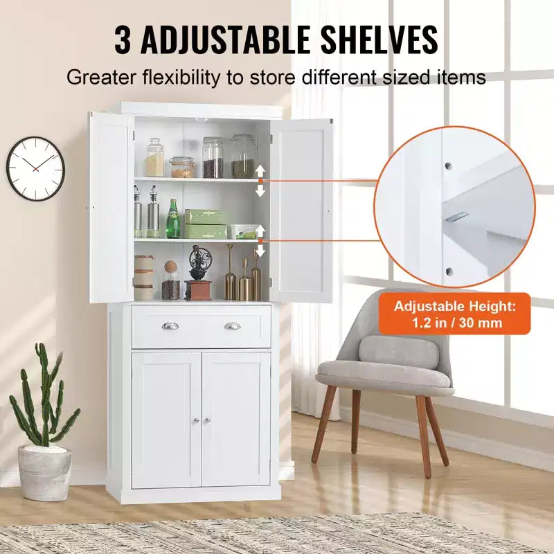 72" Kitchen Pantry Storage Cabinet, Freestanding Utility Cabinet with Doors, Drawer and 3 Adjustable Shelves, White