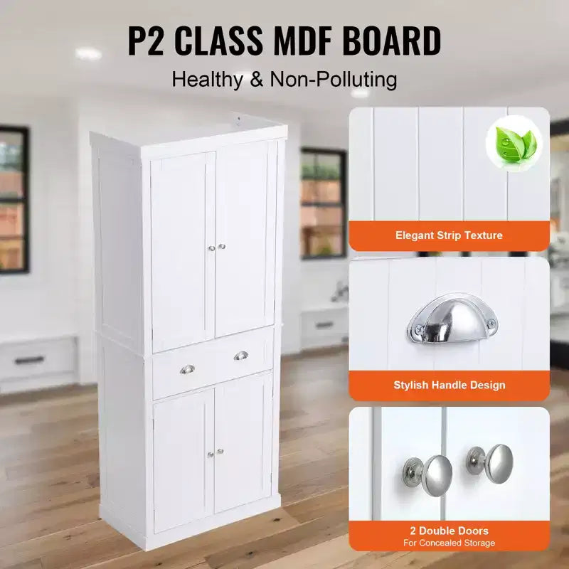72" Kitchen Pantry Storage Cabinet, Freestanding Utility Cabinet with Doors, Drawer and 3 Adjustable Shelves, White