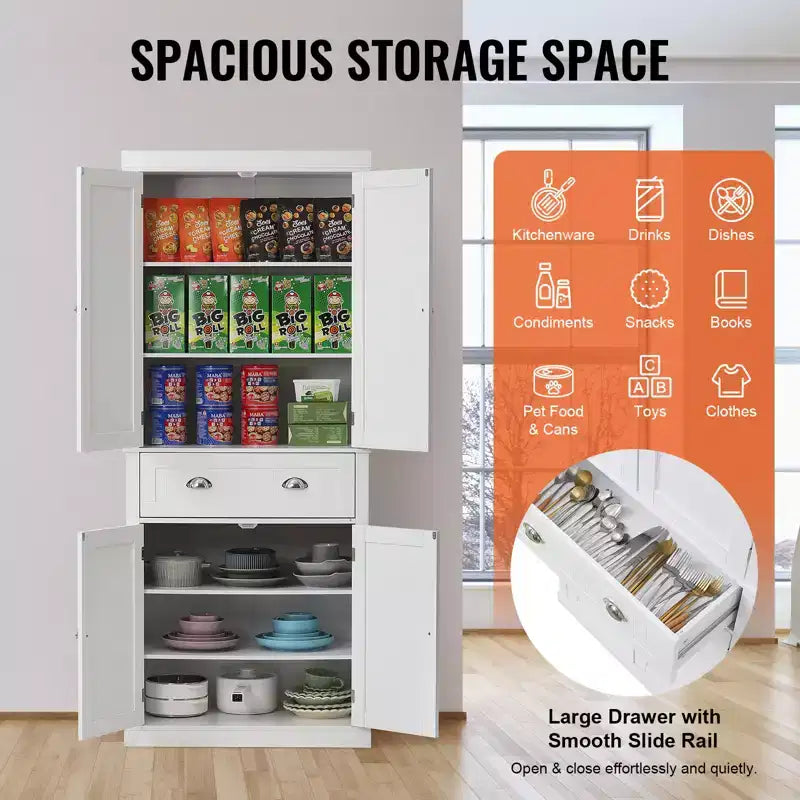 72" Kitchen Pantry Storage Cabinet, Freestanding Utility Cabinet with Doors, Drawer and 3 Adjustable Shelves, White
