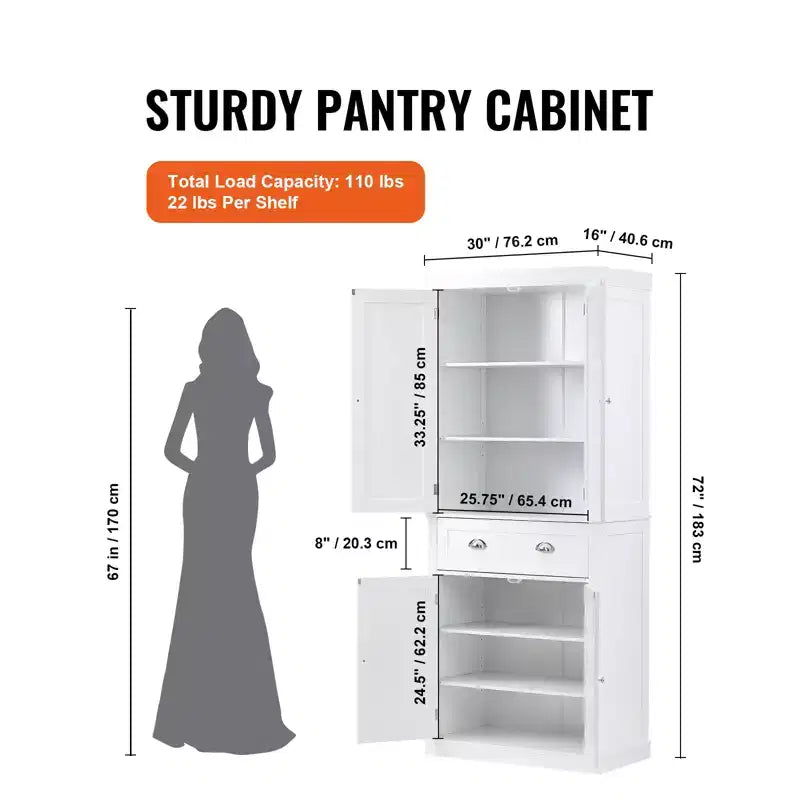 72" Kitchen Pantry Storage Cabinet, Freestanding Utility Cabinet with Doors, Drawer and 3 Adjustable Shelves, White