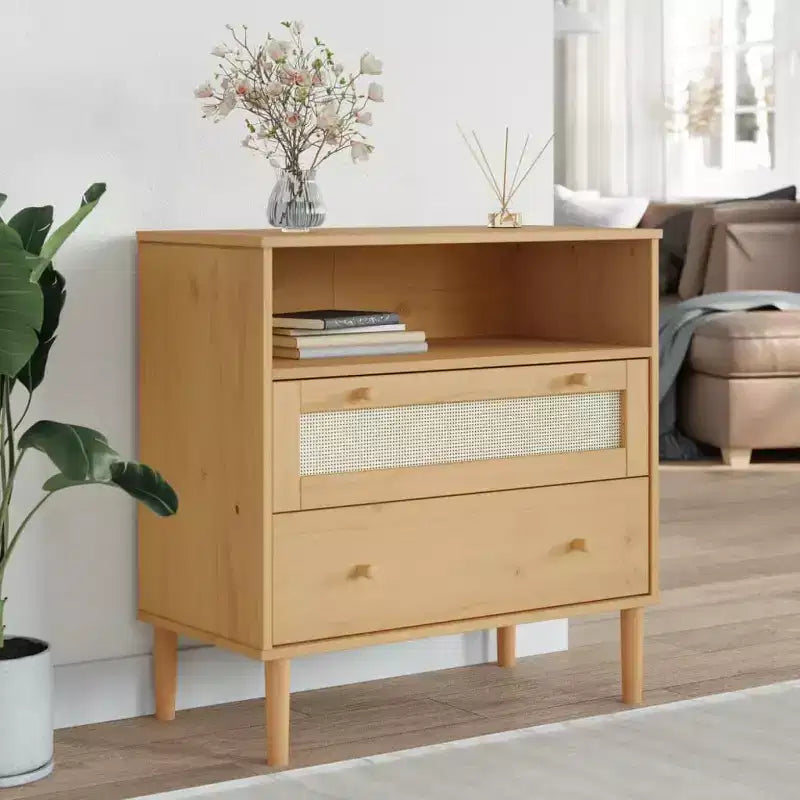 Rattan Look Dresser, Brown, 31.5"x15.7"x31.5", Solid Wood Pine