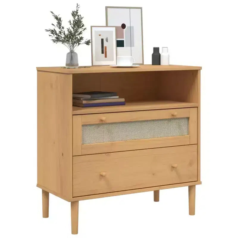 Rattan Look Dresser, Brown, 31.5"x15.7"x31.5", Solid Wood Pine