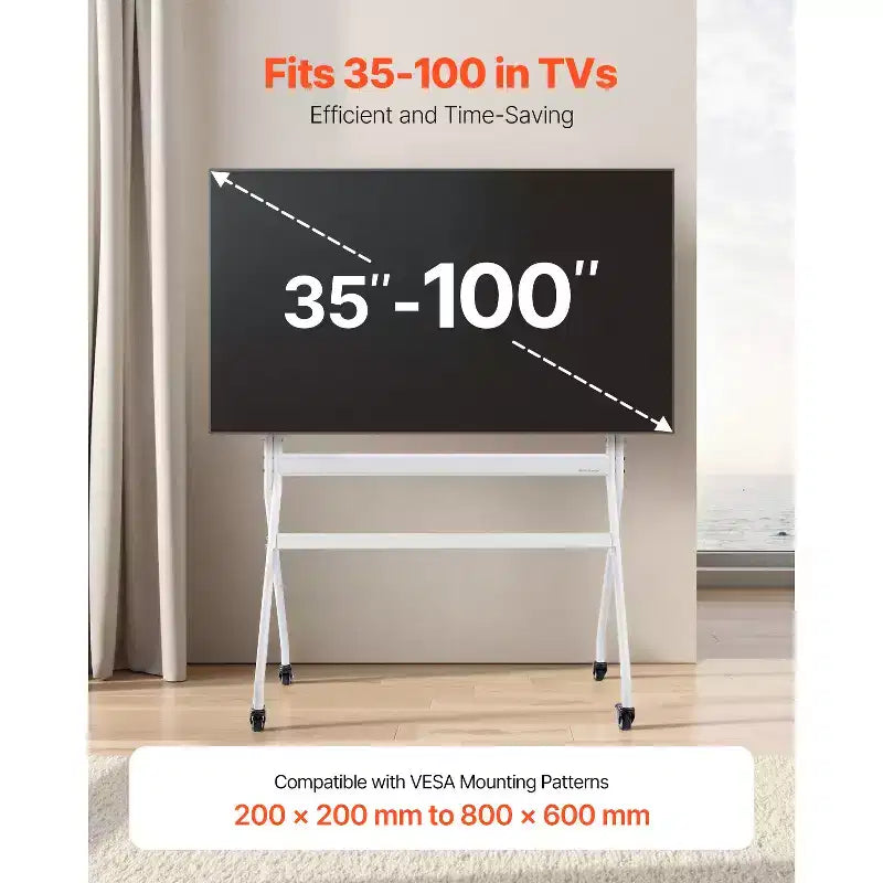 Rolling TV Stand, Mobile TV Cart for 35-100 Inch LED/LCD/OLED Flat/Curved TVs, Portable Monitor Stand with Wheels, Holds up to 198 lbs, White