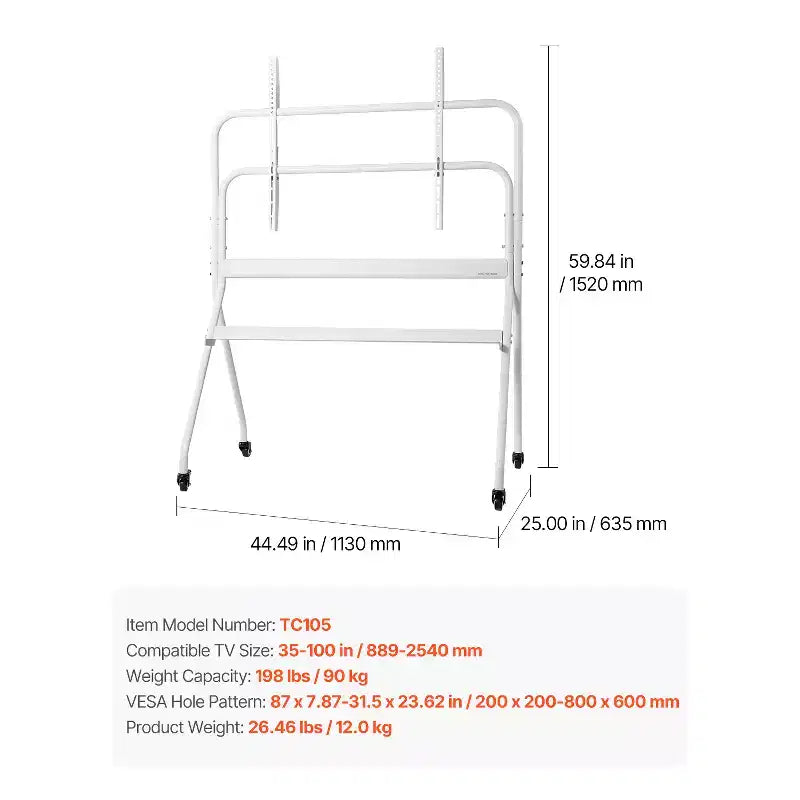 Rolling TV Stand, Mobile TV Cart for 35-100 Inch LED/LCD/OLED Flat/Curved TVs, Portable Monitor Stand with Wheels, Holds up to 198 lbs, White