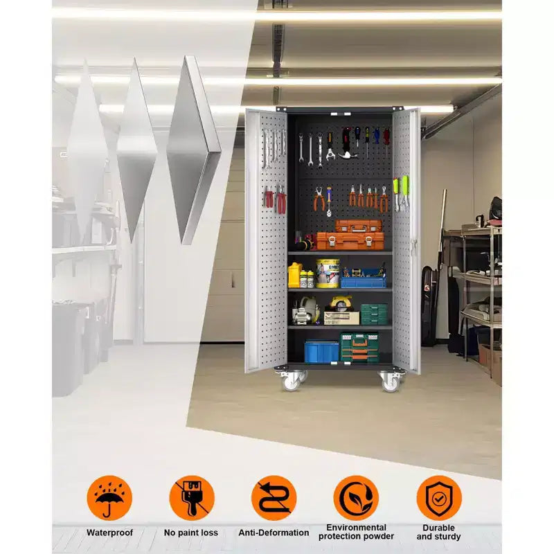 72 H Metal Storage Cabinet with Wheels, Garage Storage Cabinet with Adjustable Shelves and 2 Doors for Garage Home Office Utility Room