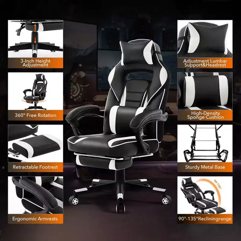 Big and Tall Office Chair, High Back Leather Gaming Chair with Footrest, Ergonomic Computer Chair with Lumbar Support & Headrest