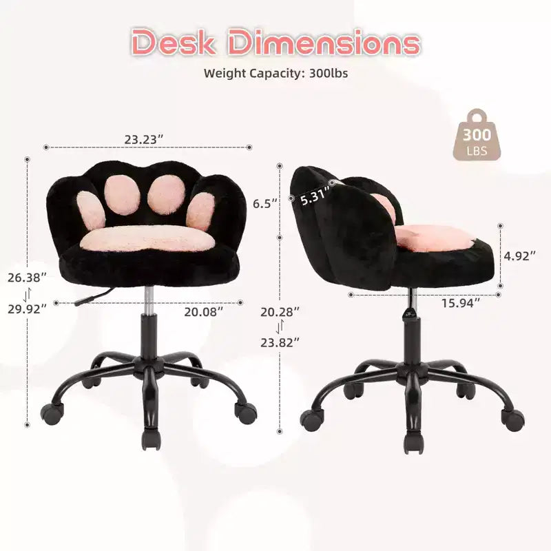 Vanity Chair with Cat Paw Back, Armless Desk Chair Cute Small Office Chair with Wheels ,Teddy Fabric 360Rotating Computer Chair, Adjustable Height
