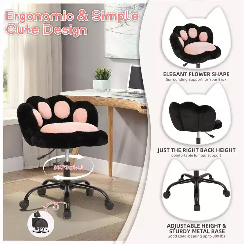 Vanity Chair with Cat Paw Back, Armless Desk Chair Cute Small Office Chair with Wheels ,Teddy Fabric 360Rotating Computer Chair, Adjustable Height