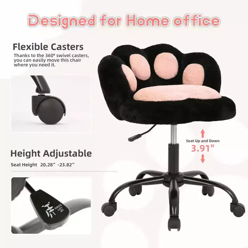 Vanity Chair with Cat Paw Back, Armless Desk Chair Cute Small Office Chair with Wheels ,Teddy Fabric 360Rotating Computer Chair, Adjustable Height