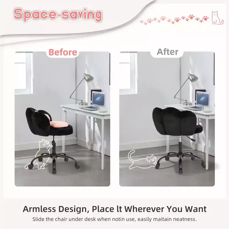 Vanity Chair with Cat Paw Back, Armless Desk Chair Cute Small Office Chair with Wheels ,Teddy Fabric 360Rotating Computer Chair, Adjustable Height