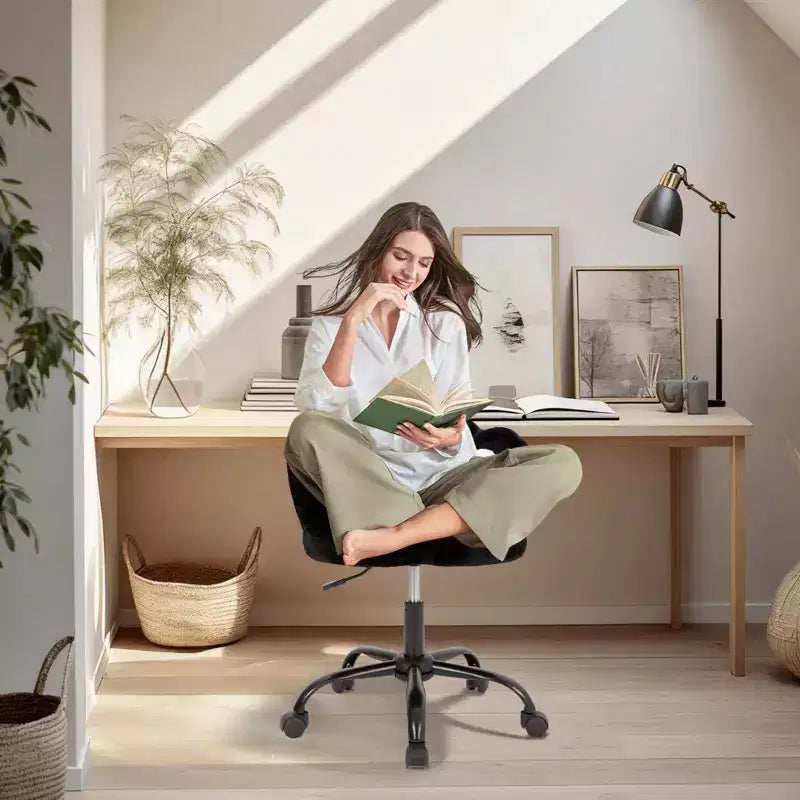 Vanity Chair with Cat Paw Back, Armless Desk Chair Cute Small Office Chair with Wheels ,Teddy Fabric 360Rotating Computer Chair, Adjustable Height