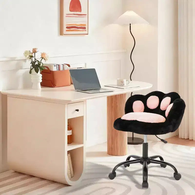 Vanity Chair with Cat Paw Back, Armless Desk Chair Cute Small Office Chair with Wheels ,Teddy Fabric 360Rotating Computer Chair, Adjustable Height