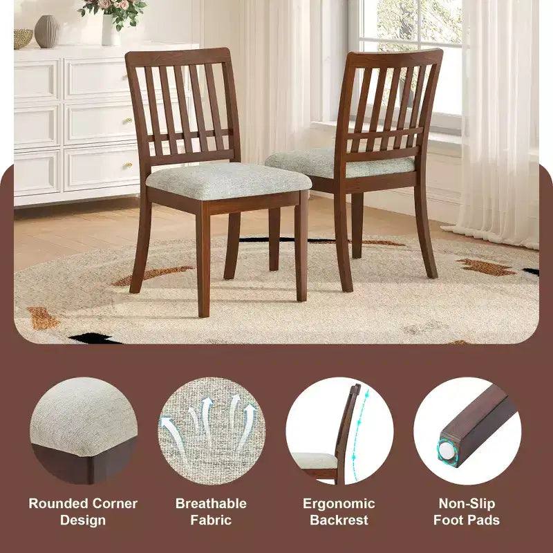 2-Piece Dining Chairs with Curved Wood Backrest and Gray Fabric Seat