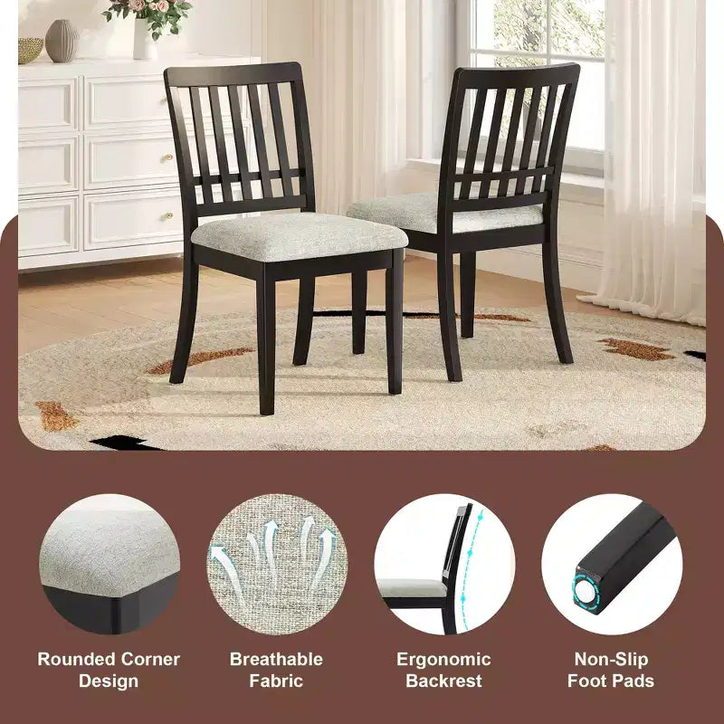 2-Piece Dining Chairs with Curved Wood Backrest and Gray Fabric Seat