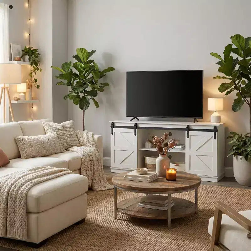 58" Farmhouse TV Stand with Sliding Barn Doors, Media Console with Adjustable Shelves & Cable Management