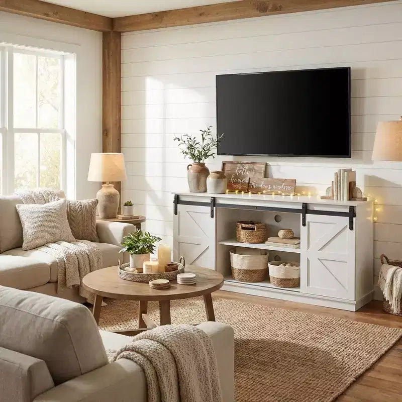 58" Farmhouse TV Stand with Sliding Barn Doors, Media Console with Adjustable Shelves & Cable Management