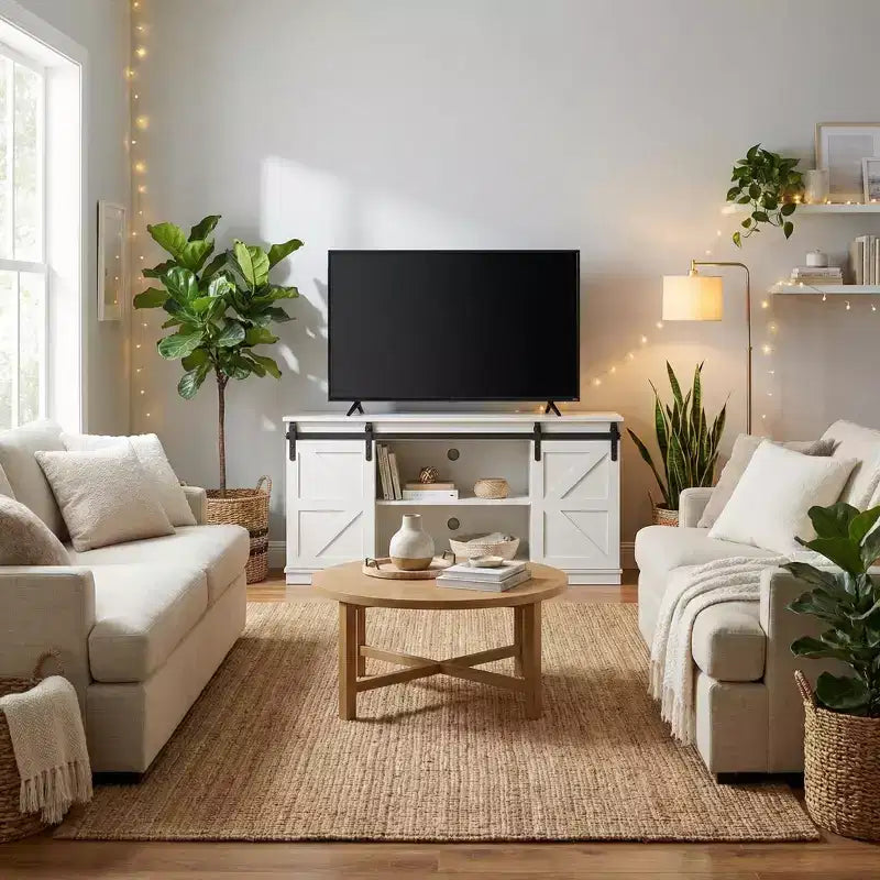 58" Farmhouse TV Stand with Sliding Barn Doors, Media Console with Adjustable Shelves & Cable Management