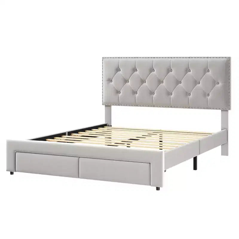 Bed Frame with 2 Storage Drawers,Vintage Velvet Headboard Wooden & Metal Bedframe,Wooden Slat Support, Noise Free, No Box Spring Needed
