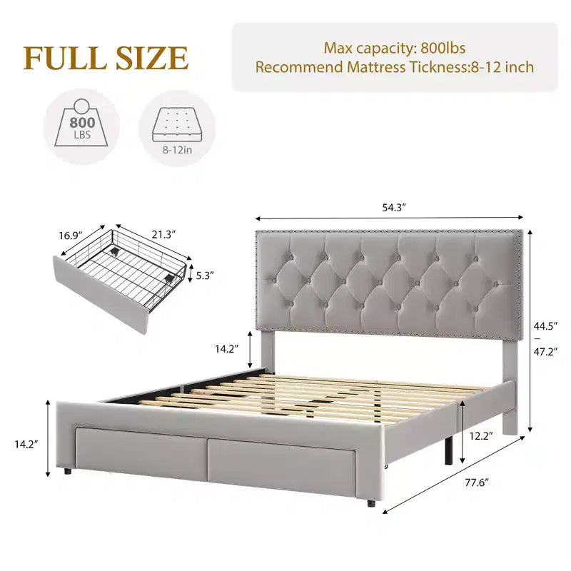 Bed Frame with 2 Storage Drawers,Vintage Velvet Headboard Wooden & Metal Bedframe,Wooden Slat Support, Noise Free, No Box Spring Needed